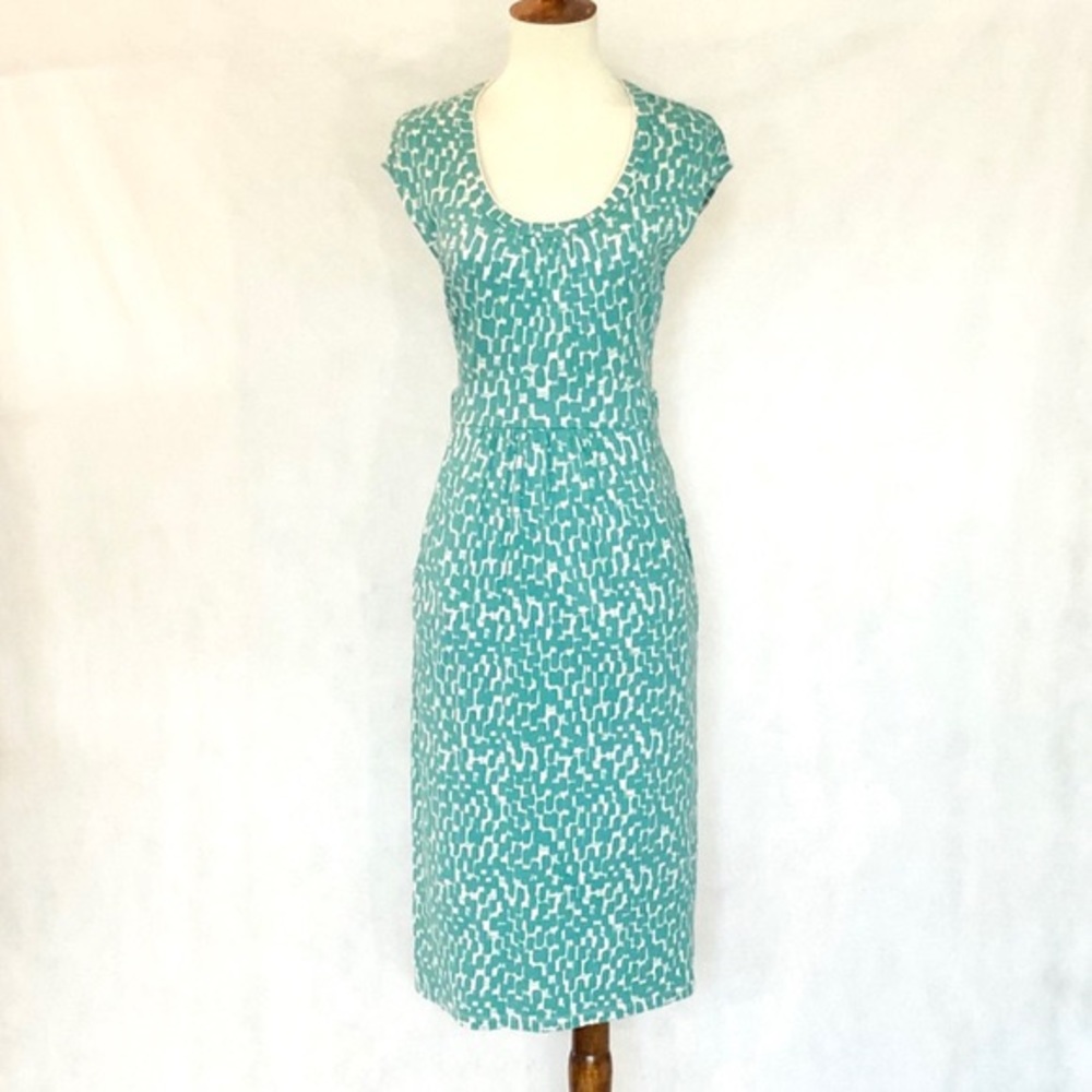 Boden Teal and White Patterned Cap-Sleeve Sheath Dress